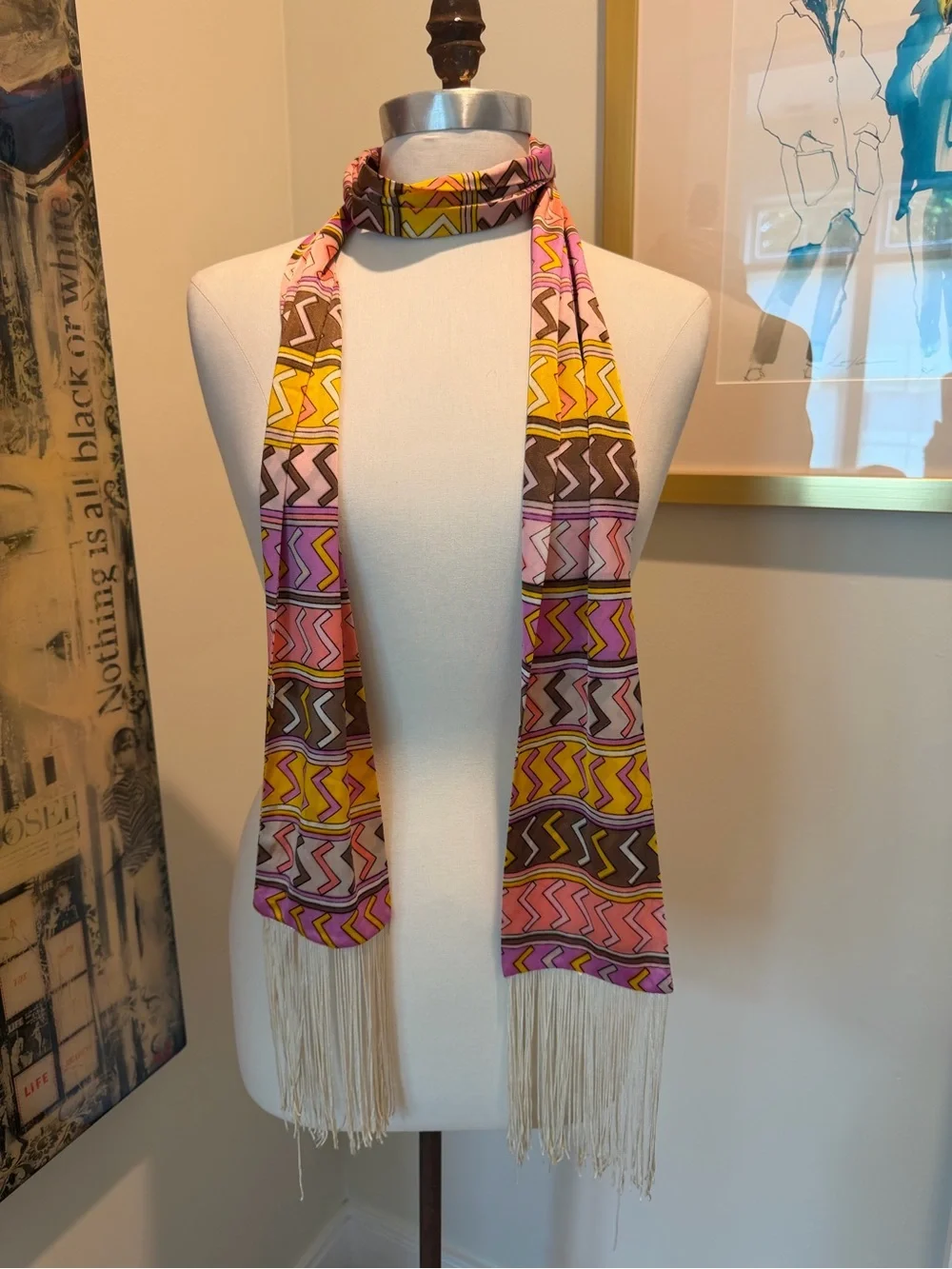 Symphony Pink Yellow Brown Geometric Fringe Silk Scarf